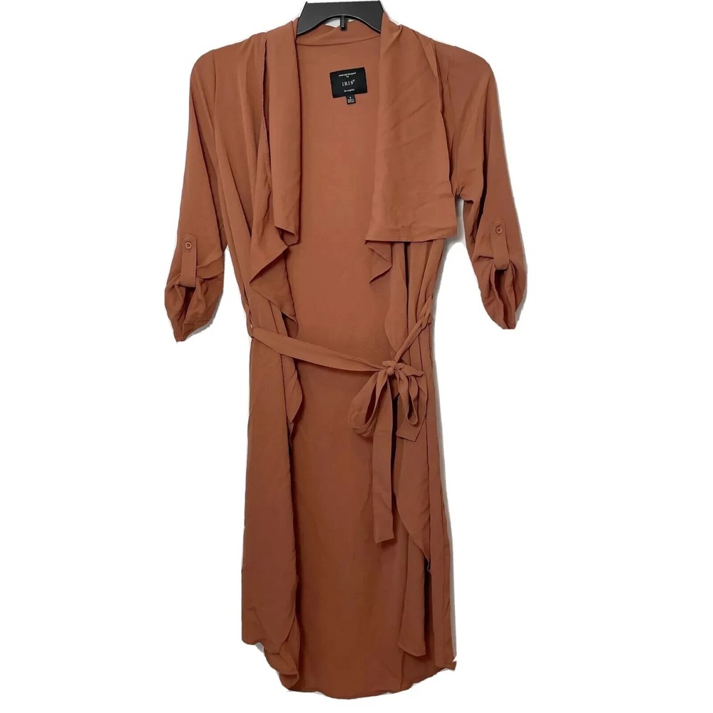 IRIS Long Belted Brown Cardigan Jacket Womens‎ S 3/4 Sleeve Lightweight IJ2506